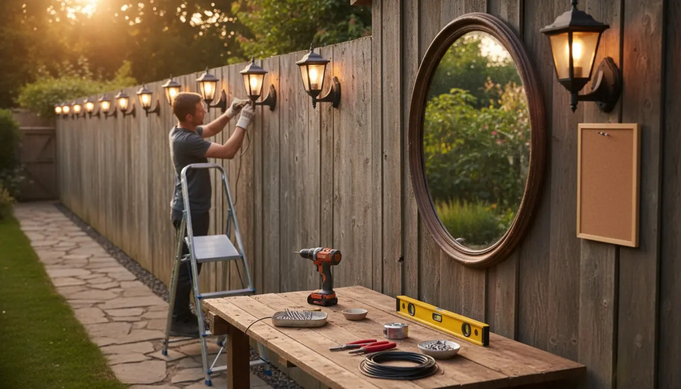 Otteked lamper, et rundt spejl og en opslagstavle opsat på et træhegn i haven ved solnedgang.