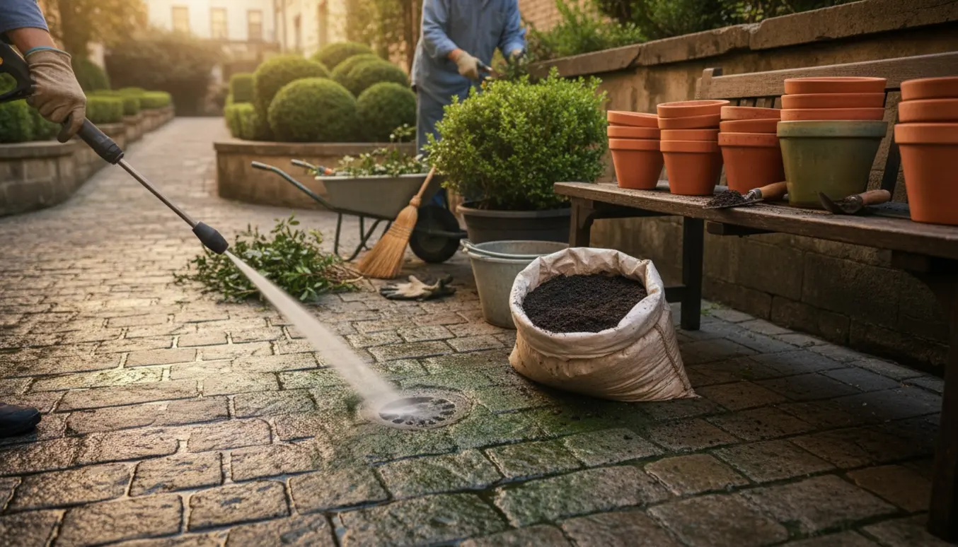 Gårdhave under klargøring med rensede fliser, beskårne buske og rene krukker i blødt morgenslys.