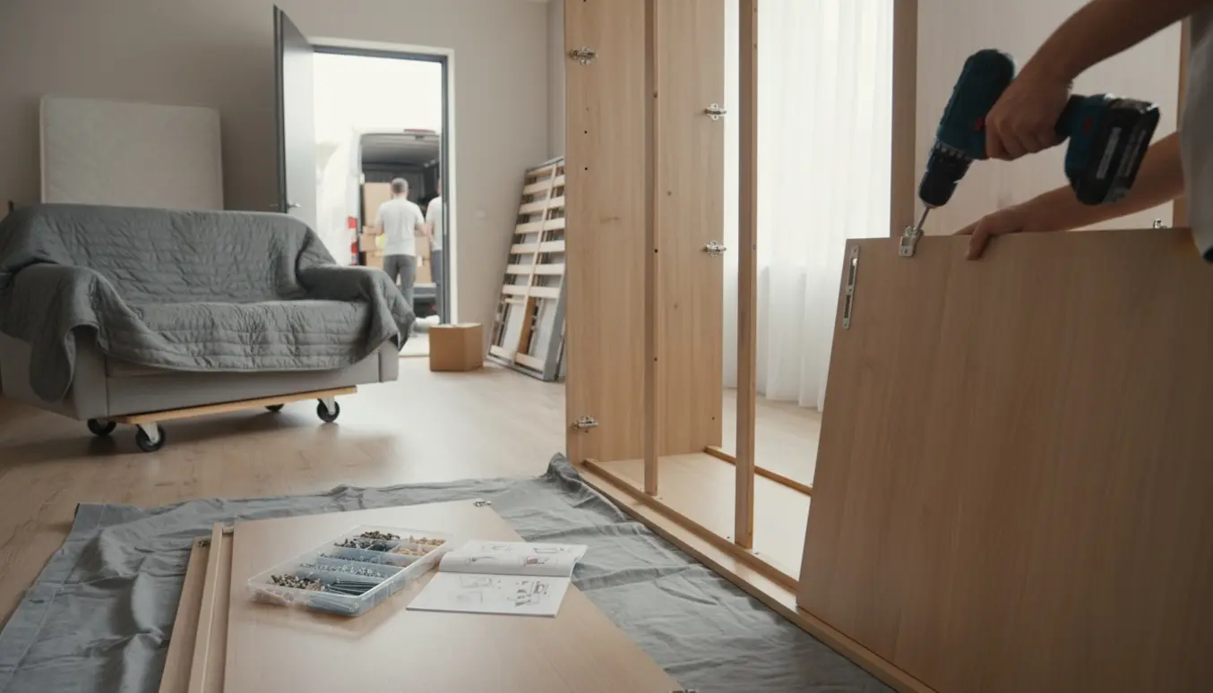 Delvist samlet garderobeskab med værktøj og indpakkede møbler klar til afhentning.