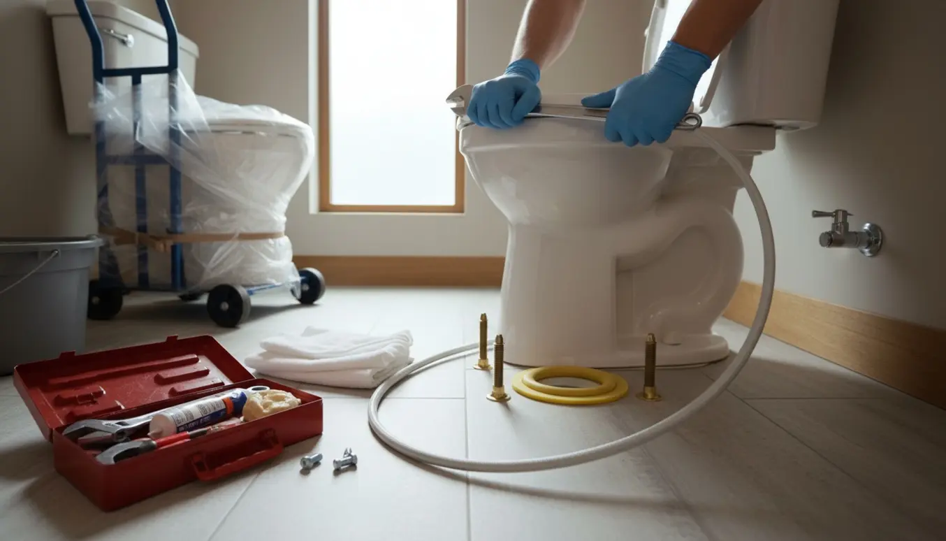 Nyt toilet monteres i et flisebadeværelse med værktøj og det gamle toilet klar til bortskaffelse.