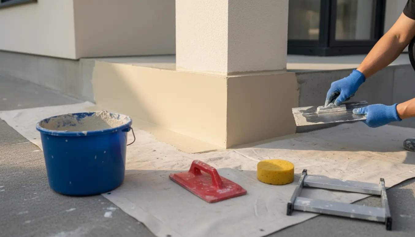 Håndværker glatter våd puds på husets sokkel med murske og hawk.