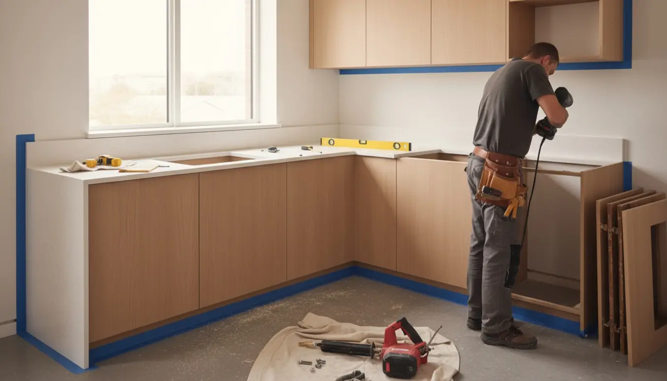 Hænder på en montør monterer nye køkkenskabe med boremaskine i et køkken under opsætning.
