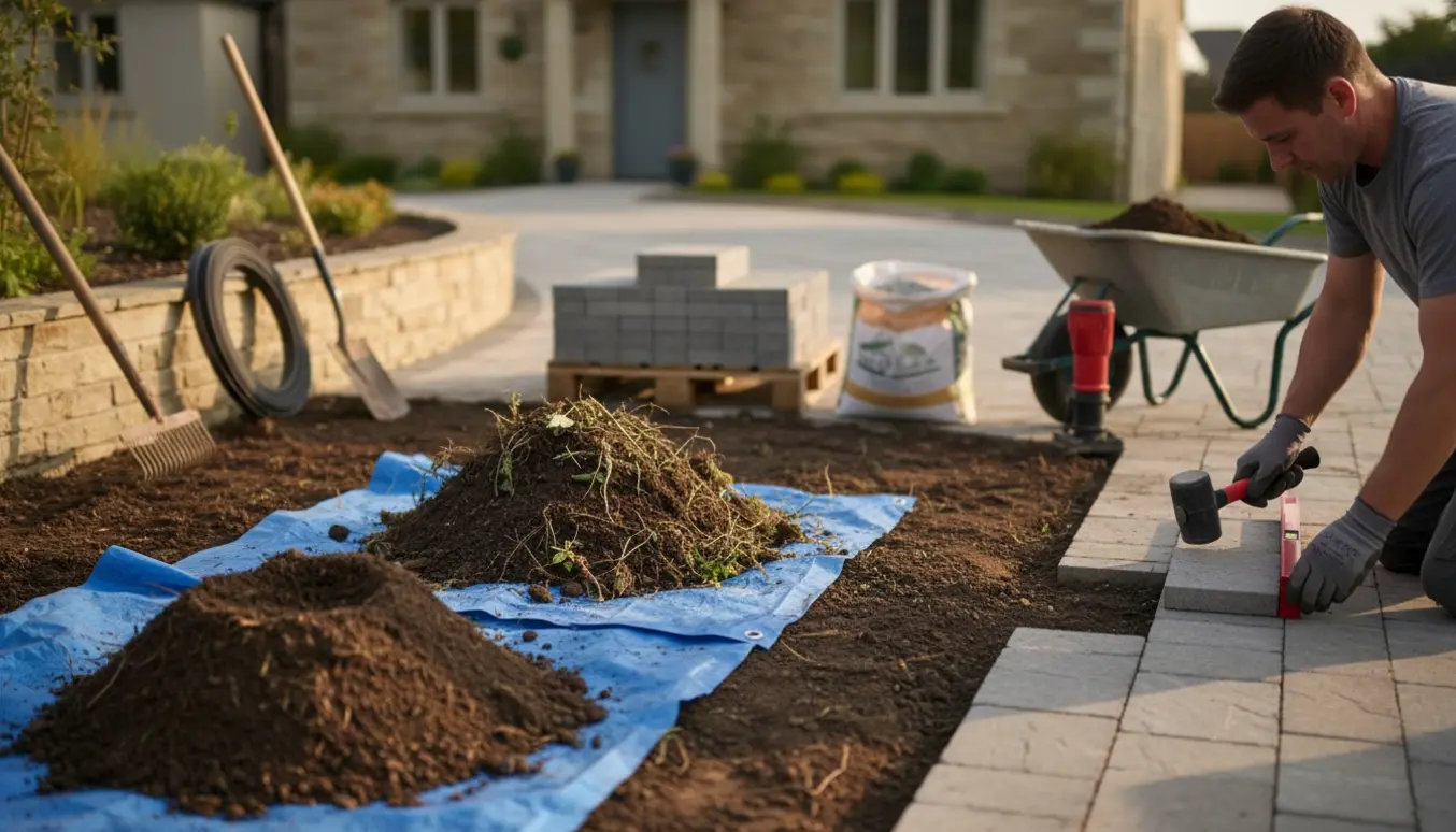 Forhave under omlægning: et fjernet bed og håndværker, der lægger fliser ved siden af palle med sten og granitskærver.