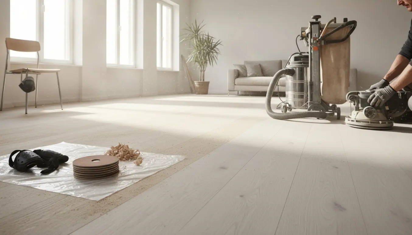 Delvist slebet 14 mm ask parketgulv i en lys stue med slibemaskiner og fint træstøv.