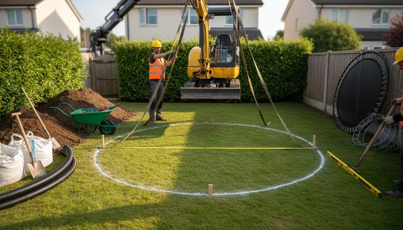 Minigraver løftes over en hæk mens der graves hul til en nedgravet trampolin i haven.