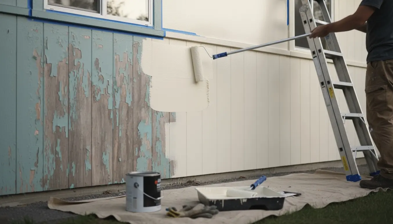 Person maler en husfacade med rulle, hvor den ene side er slidt og den anden er friskmalet.