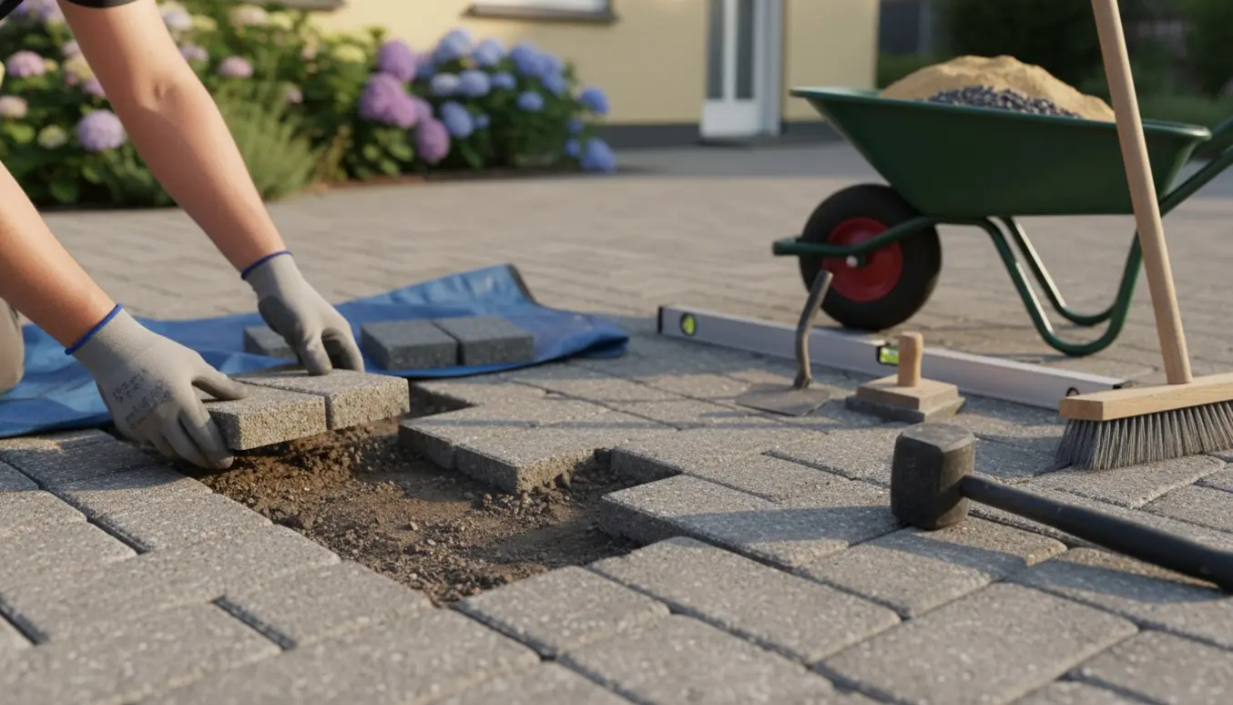Nærbillede af reparation af sunkne Holmegaard-fliser med udskiftningssten og værktøj i en have.