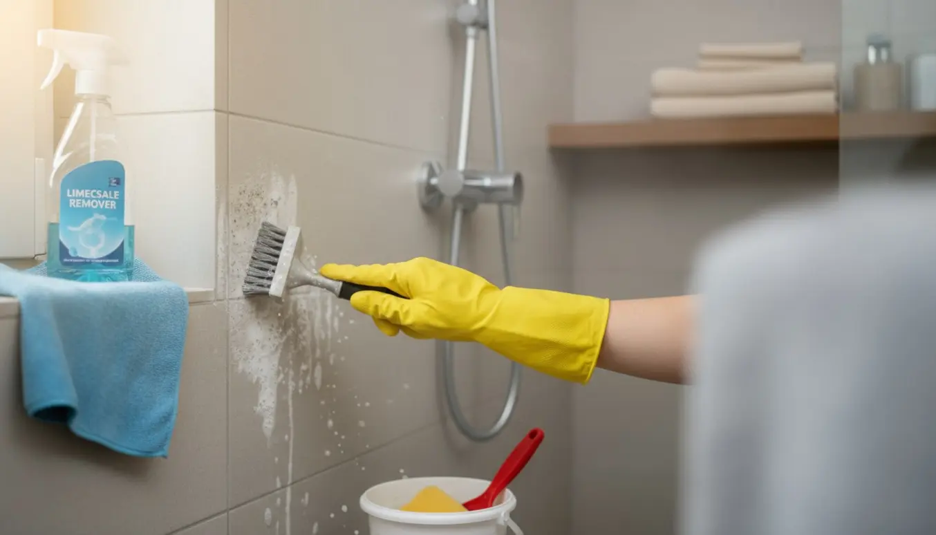 Nærbillede af hænder i gule gummihandsker, der skrubber kalk og sorte pletter væk fra fuger i en bruseniche.