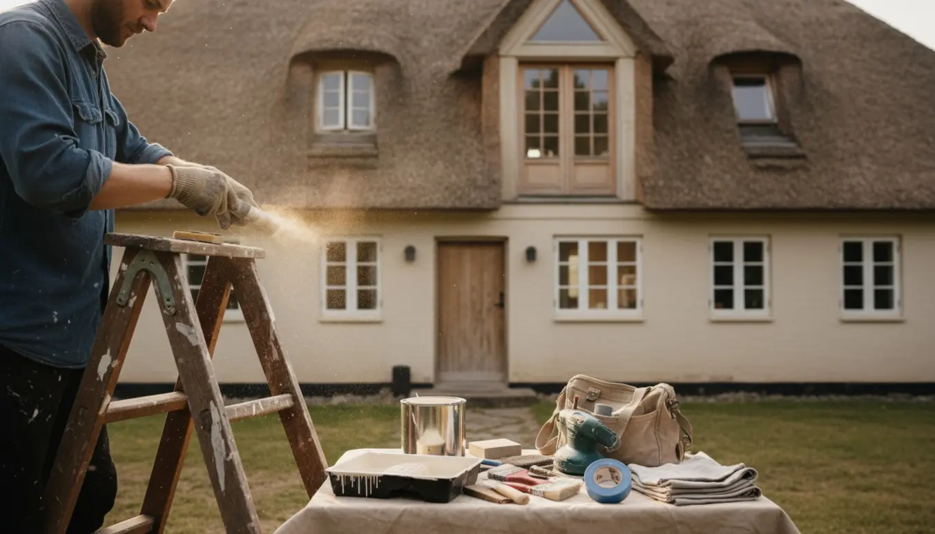 Hænder sliber og maler et bondehusvindue i cremehvid med værktøj og stige foran et traditionelt hus.