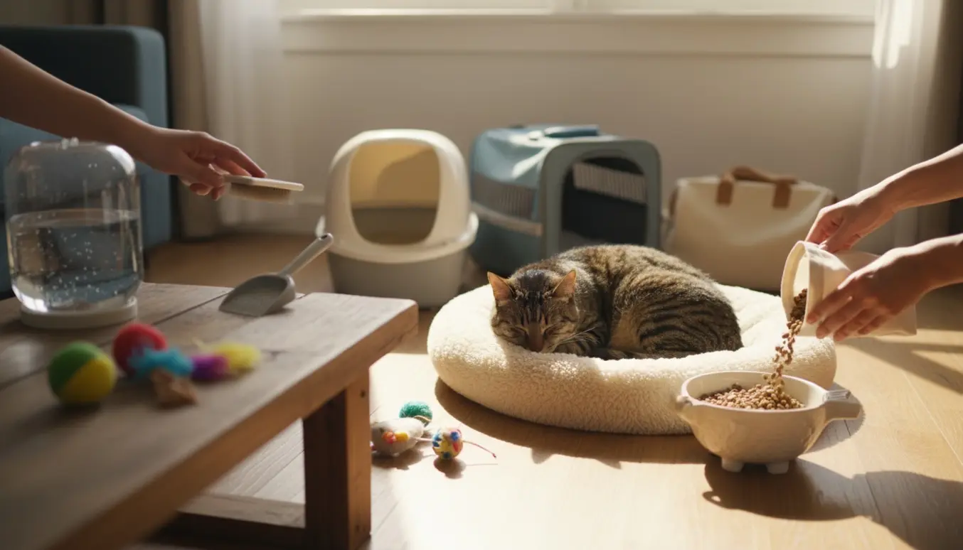 Hyggeligt indendørs billede af kattepasning med kat på kurv, madskål, vand, kattebakke og hænder der passer katten.