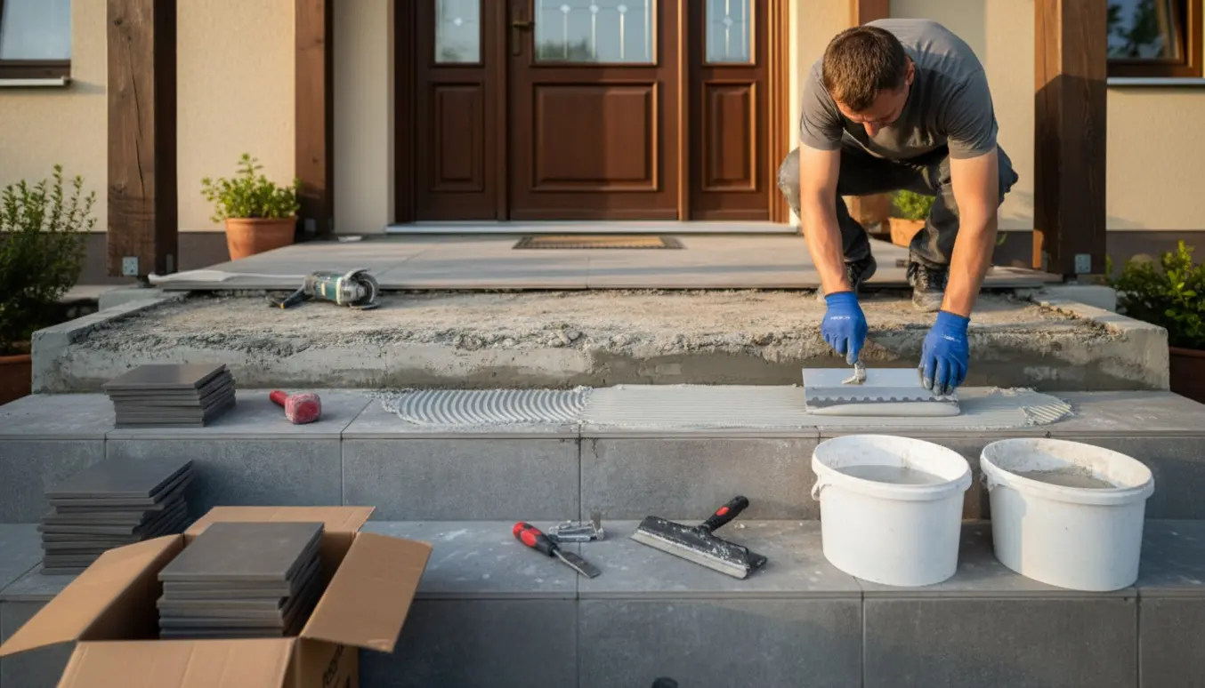 Udskiftning af klinker på en udendørs trappe med værktøj og nye fliser ved seks trin og repos.
