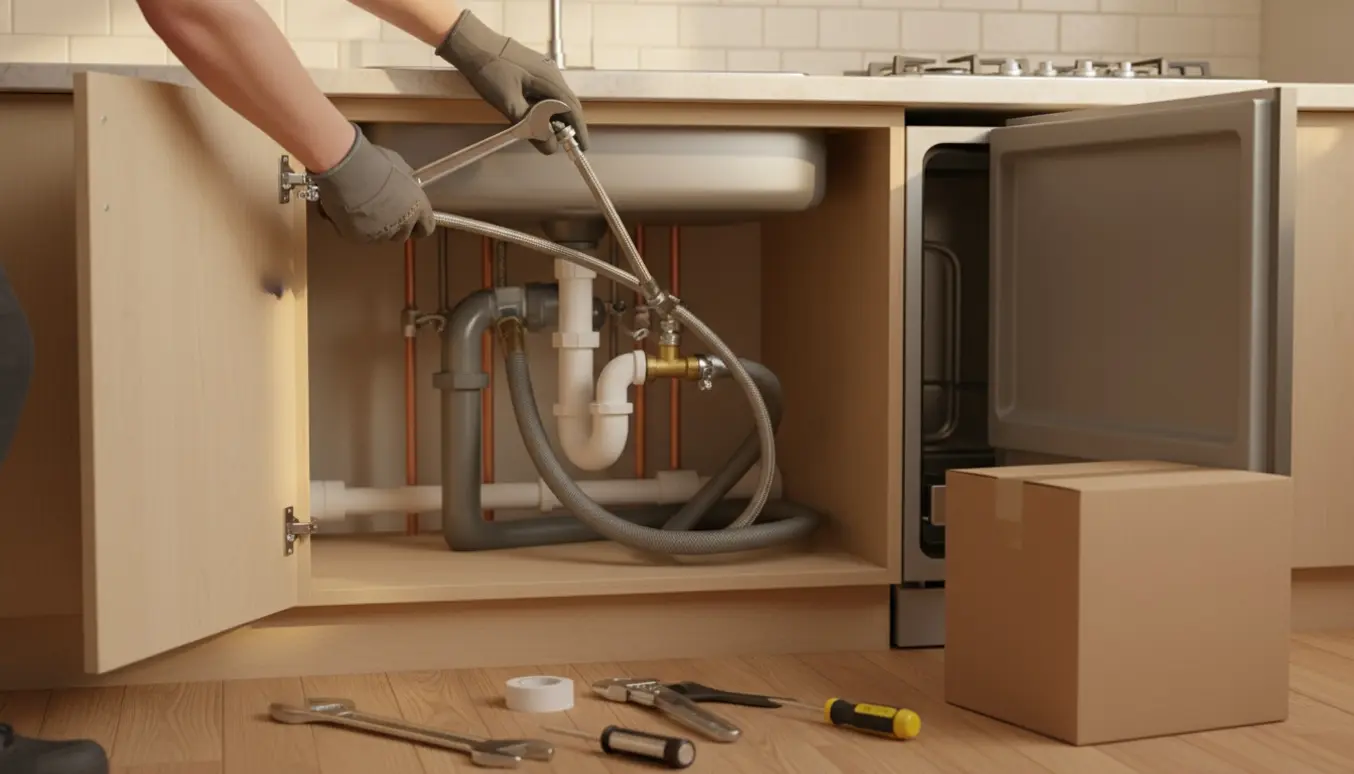 Opvaskemaskine delvist installeret ved siden af håndvasken, hvor hænder forbinder vandtilførsel og afløb under skabet.