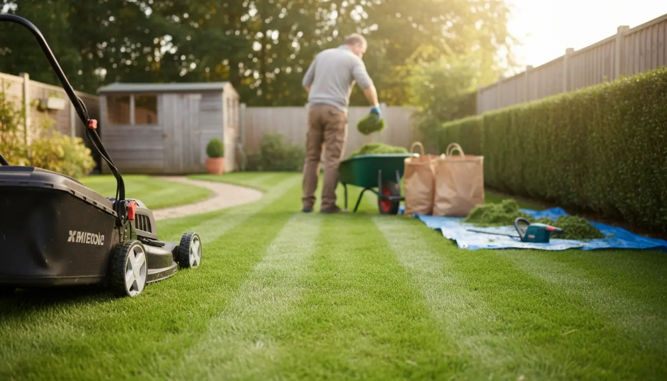 Plæneklipper og en person, der tømmer græsopsamler ved en nysnittet hæk.