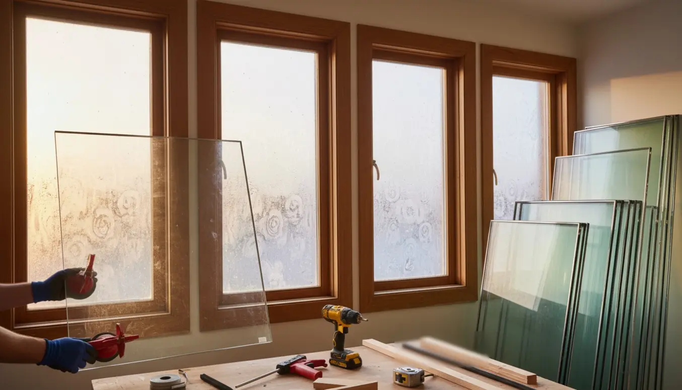 Stilleben af nye termoruder ved siden af en vinduesramme med fjernet punkteret rude og værktøj i forgrunden.
