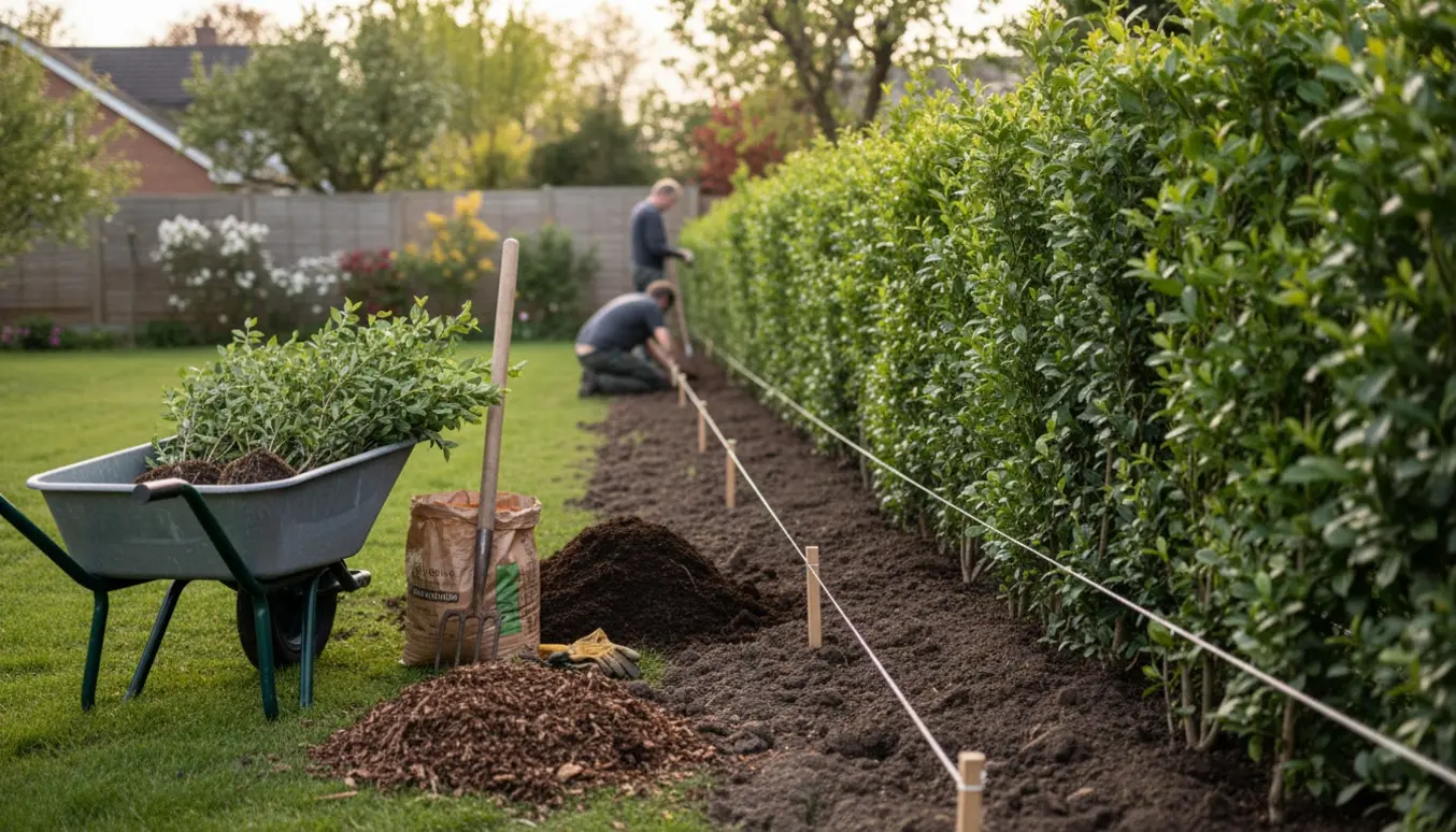 Nyplantet ligusterhæk langs en havegrænse med værktøj og friske planter klar til plantning.