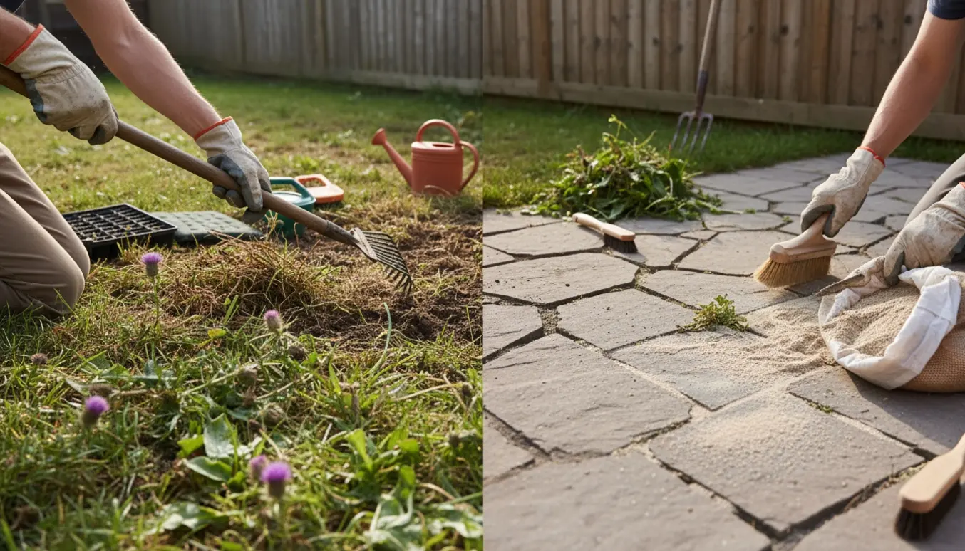 Haveejer fjerner ukrudt fra græsplæne og fejer nyt fugesand ind mellem fliserne.