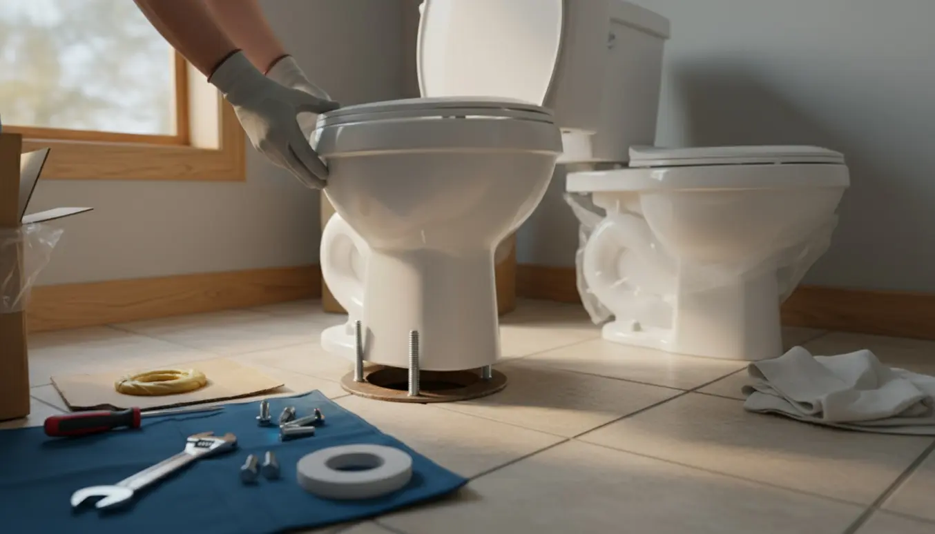 Nyt porcelan-toilet klar til montering i badeværelse med værktøj og monteringsdele.