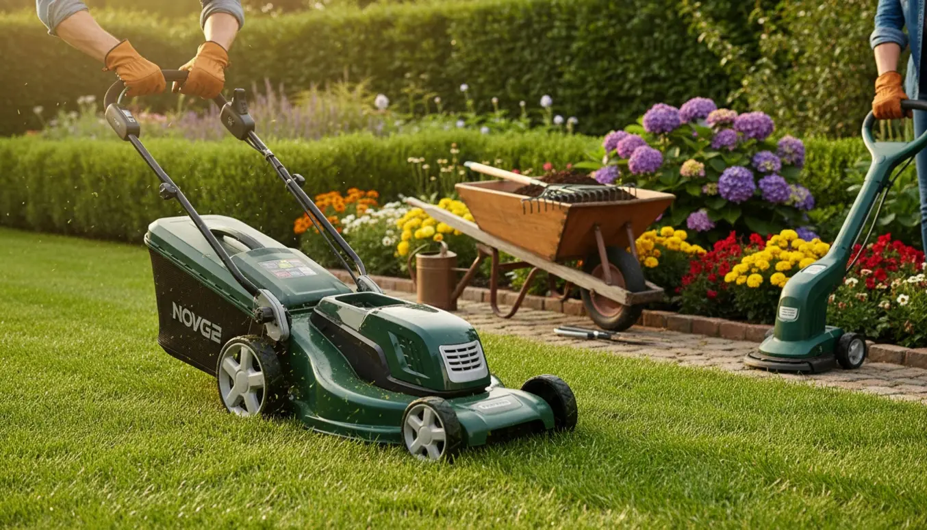 Plæneklipper i gang med at slå en velplejet græsplæne, omgivet af haveredskaber og blomsterbede.