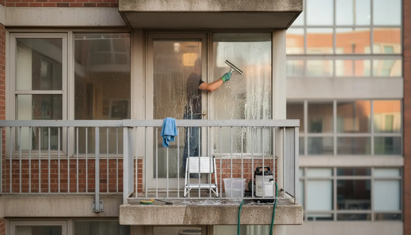 Udvendig rengøring af tre smalle altaner og pudsning af vinduer med skammel, skraber og sugeanordning.