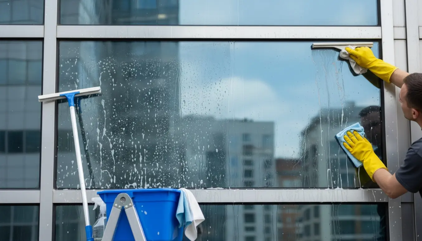 Nærbillede af vinduespudsning med svaber og klud, hvor en glasrude og ramme rengøres.