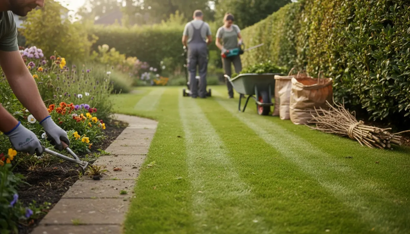 Nyklippet græs og nysnittet hæk med indsamlet haveaffald i en velplejet have.