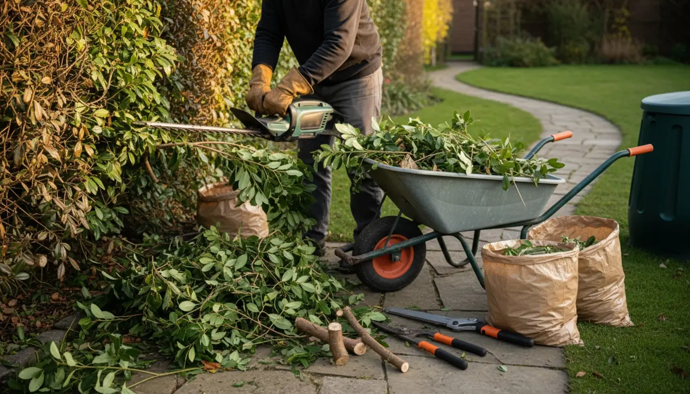 Handsker og hækkeklipper trimmer en blandet hæk, mens afklip samles i trillebør og affaldsposer.