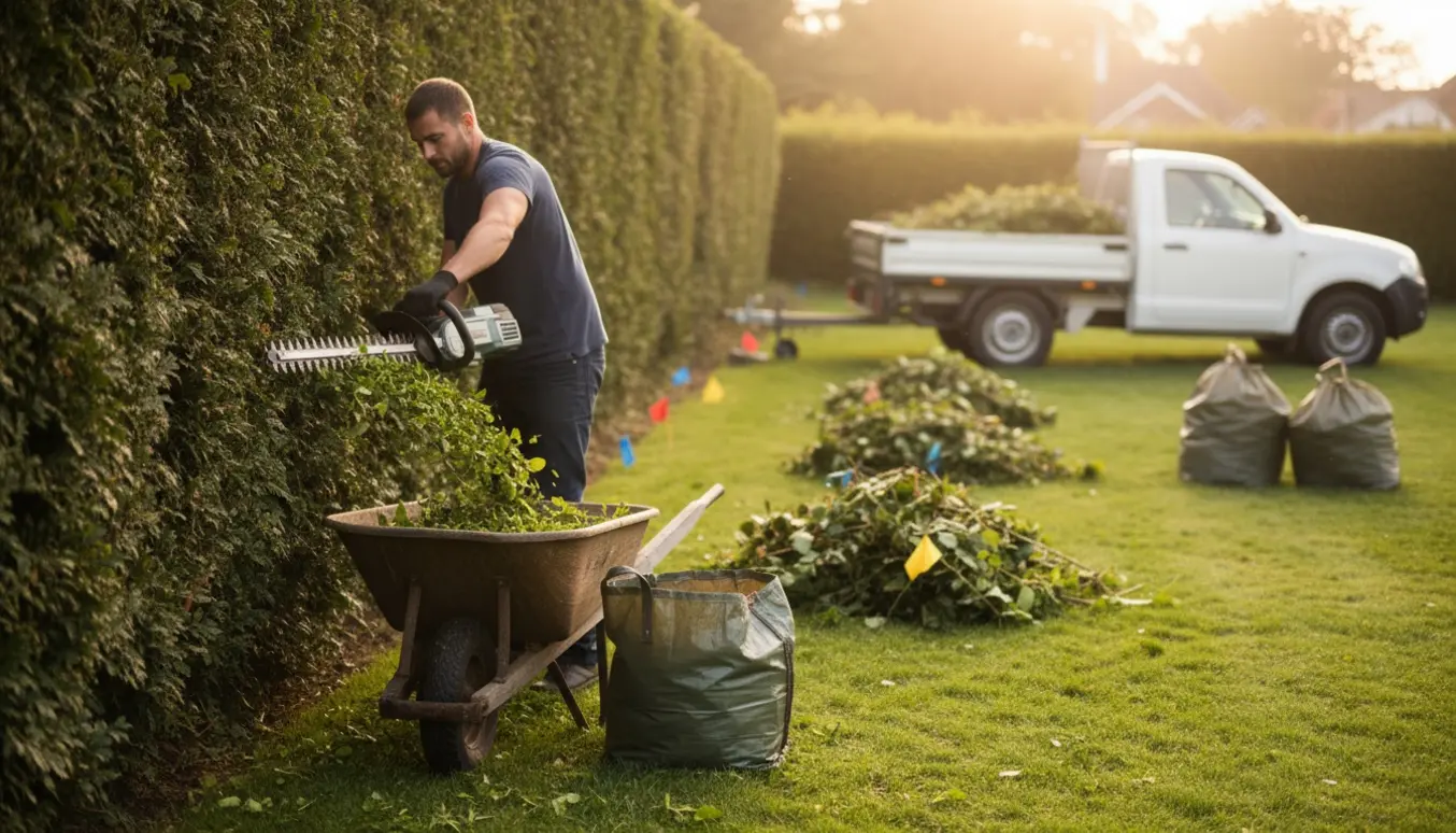 Hækkeklipning i privat have med afklip samlet i trillebør og trailer klar til bortkørsel.