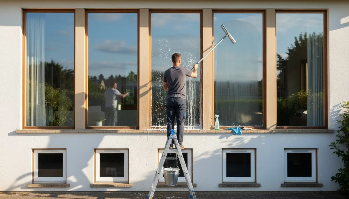 Ude foran et hus pudser en person store vinduer med squeegee og spand, mens en anden indefra tørrer et vindue.