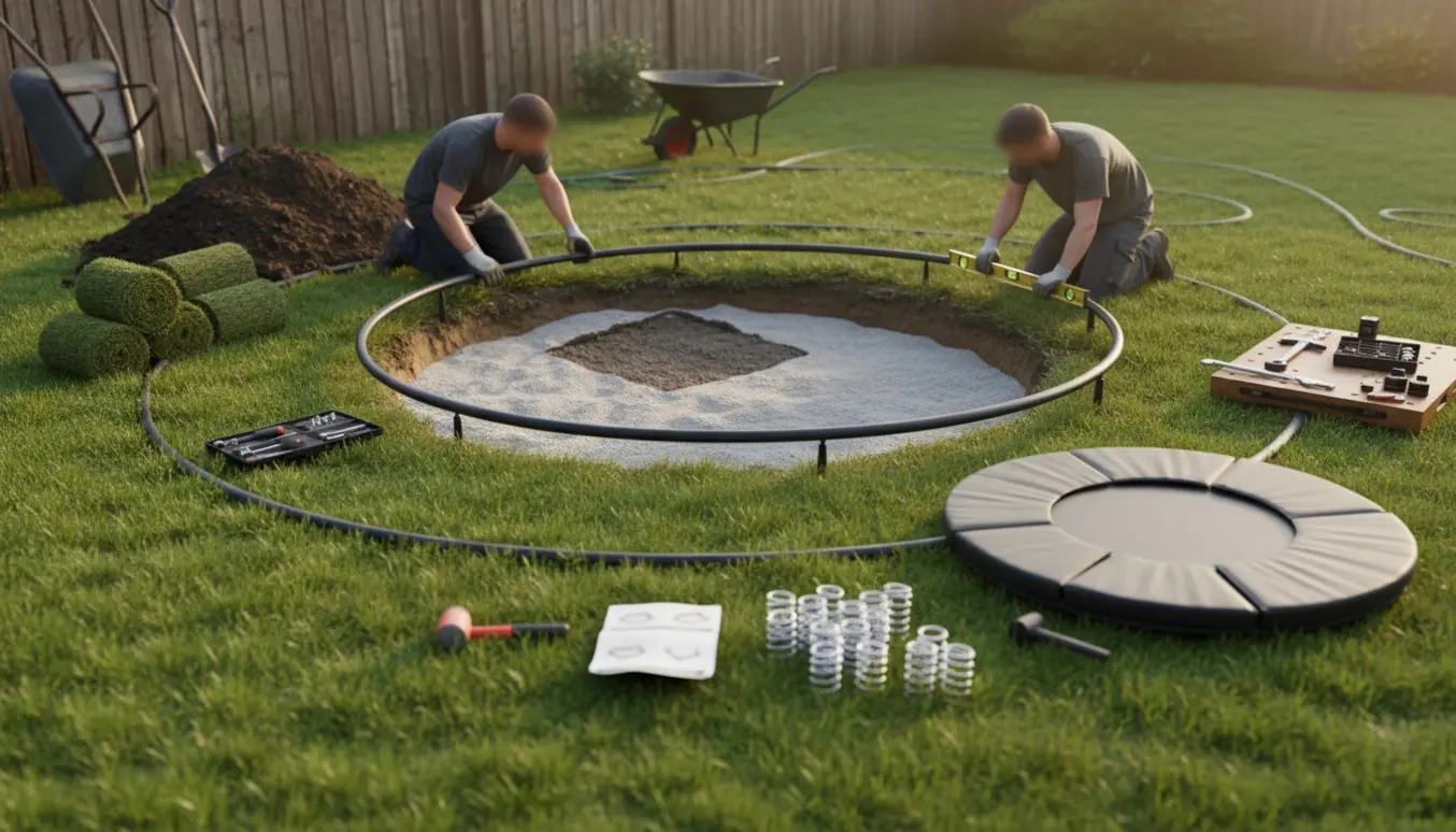 Udgravning af et hul i haven med en rund trampolinramme klar til nedgravning.