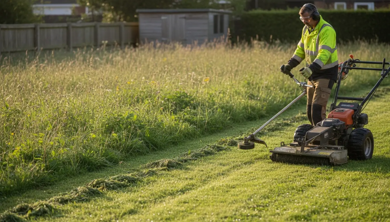 En kraftig buskrydder skærer en tydelig stribe gennem en overgroet græsplæne, med udstyret og friske græsafklip i forgrunden.