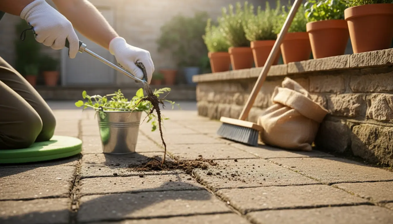 Nærbillede af hænder, der trækker ukrudt op mellem fliser på en solbeskinnet gårdsplads.