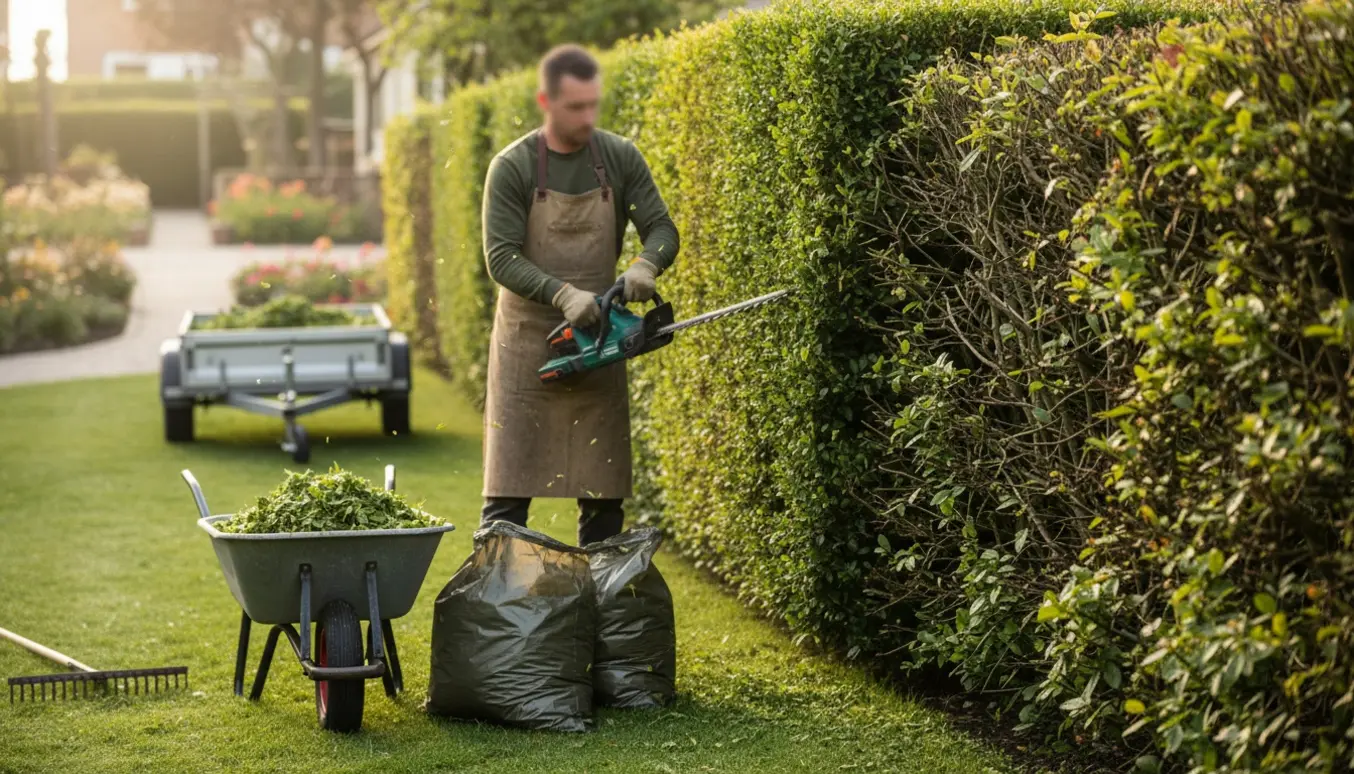 Delvist klippet hæk i have med afklip i trillebør og grønne affaldsposer.
