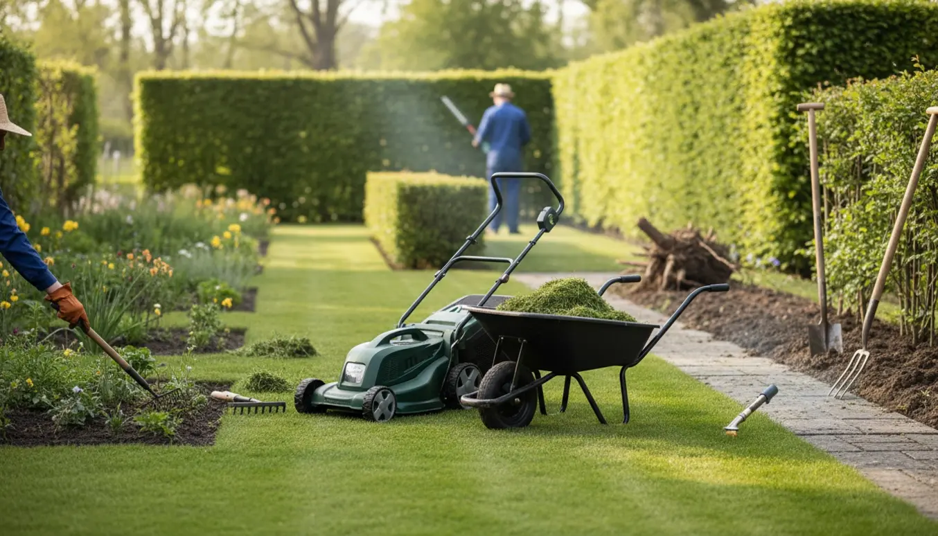 Have under vedligehold med nyslået græs, beskårne bøgehække, lugede bede og haveredskaber.