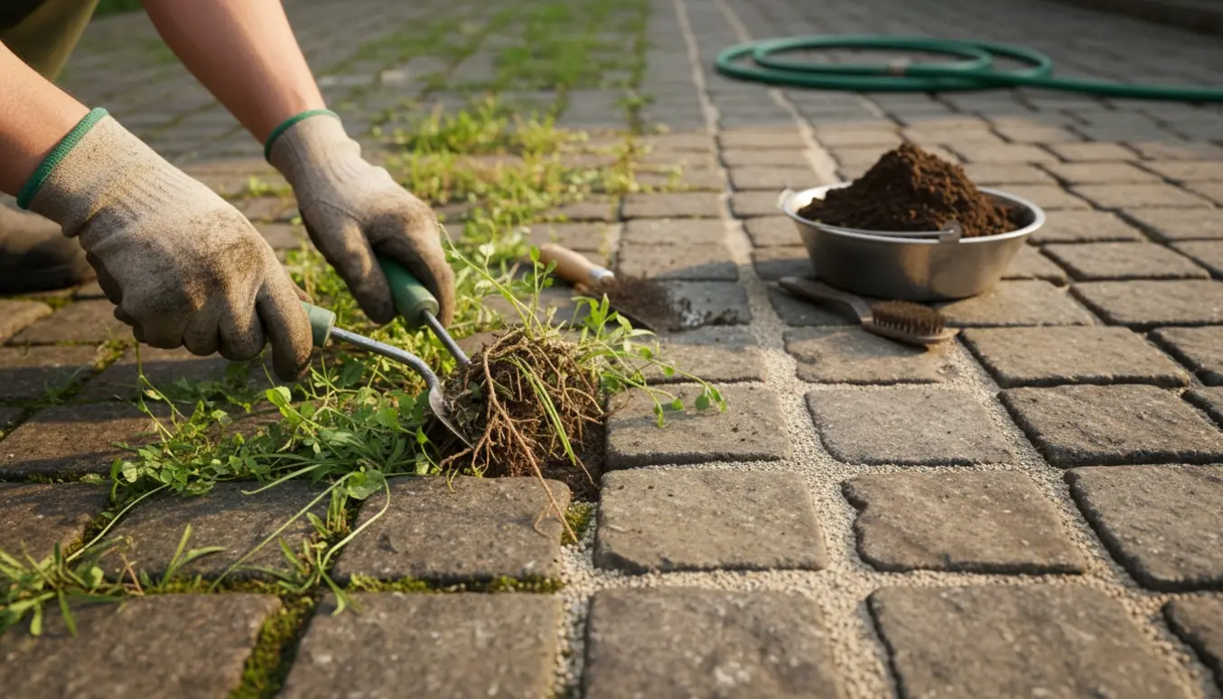 Nærbillede af handskerede hænder, der fjerner ukrudt mellem fliser i en stenindkørsel.