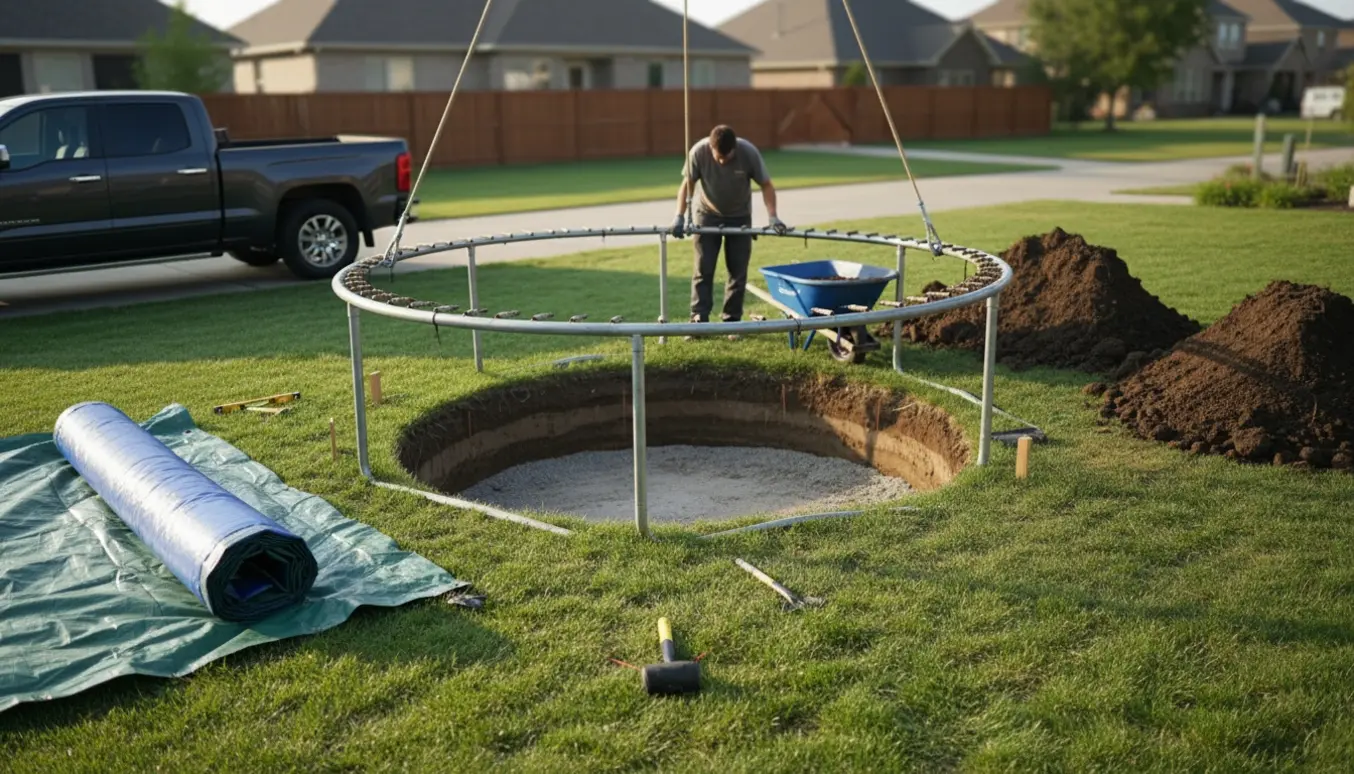 En rund trampolin sænkes ned i et udgravet hul i en villahave med jordbunker, skovle og en trillebør.