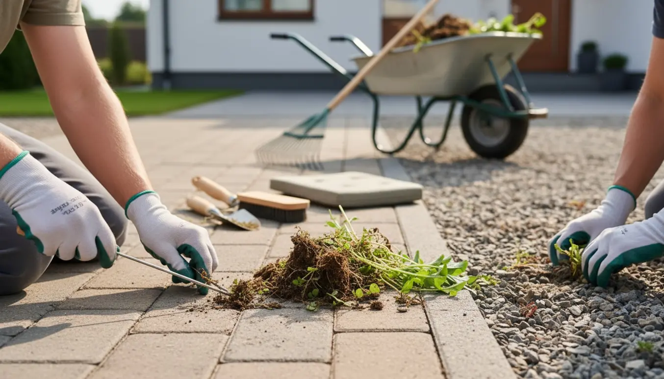 Nærbillede af handskerede hænder, der fjerner ukrudt mellem fliser og grus ved en indkørsel.