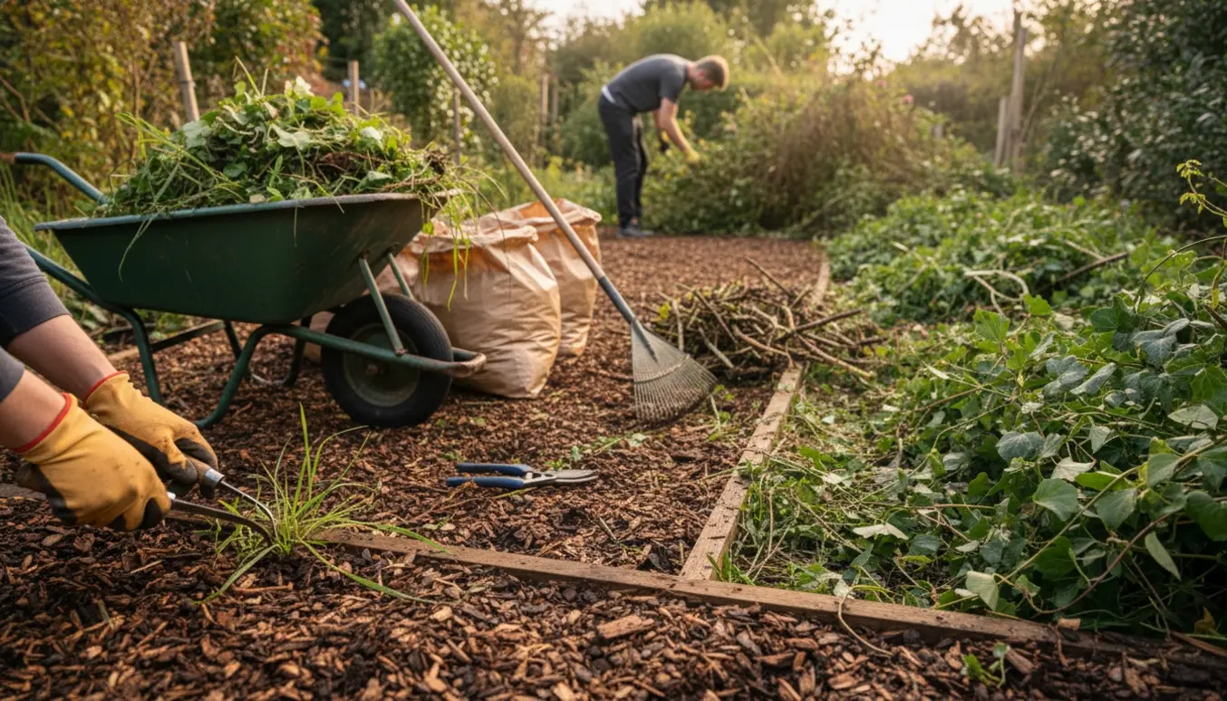 Gartner fjerner ukrudt og tynder bevoksning på en stor fliseterasse foran et rækkehus med riven og trillebør i billedet.