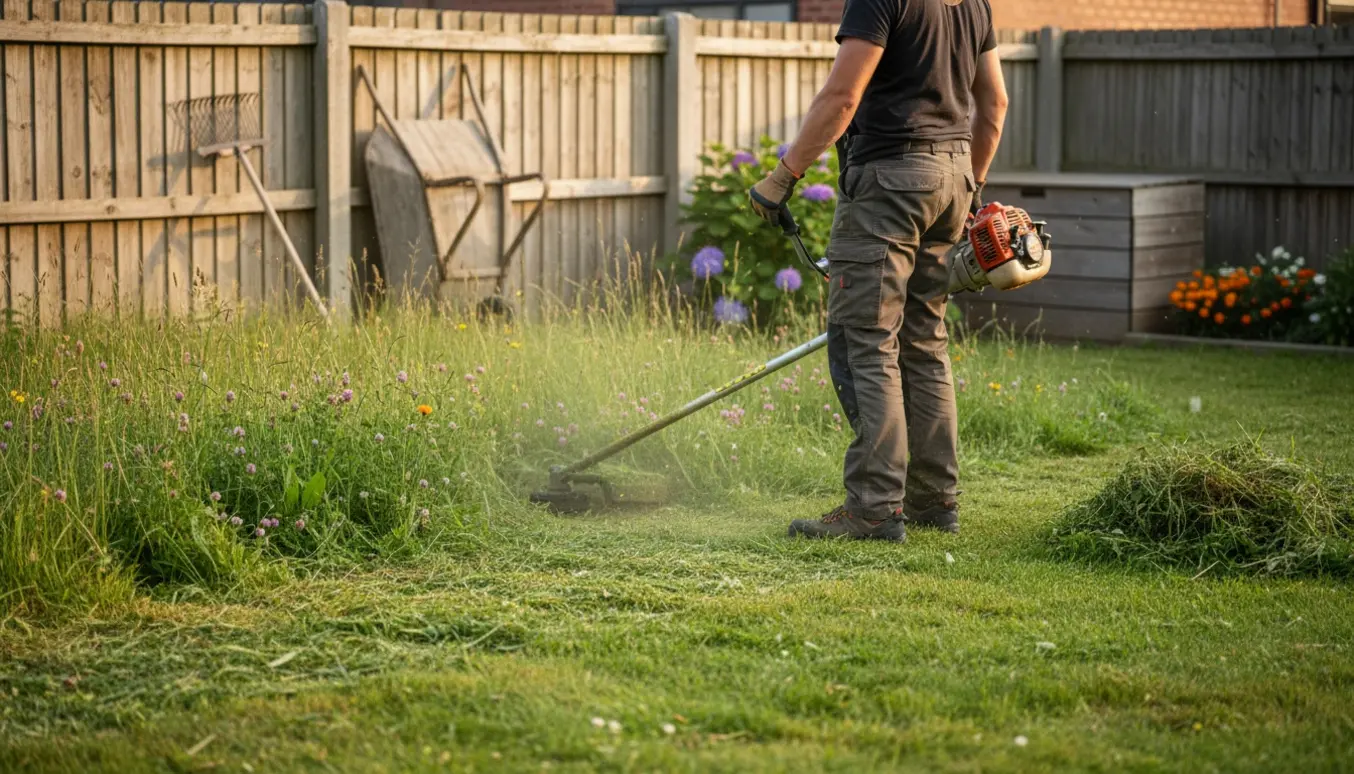 Bagfra set person bruger buskrydder til at slå en overgroet græsplæne på cirka 50 cm, med en synlig afklippet stribe og græsklip.
