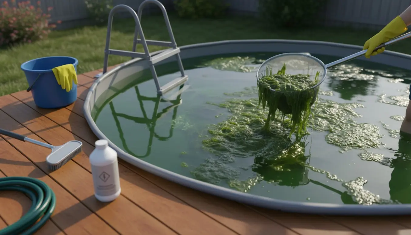 En lille overjordisk havepool fyldt med grønne alger, mens handskerede hænder skimmer alger væk.
