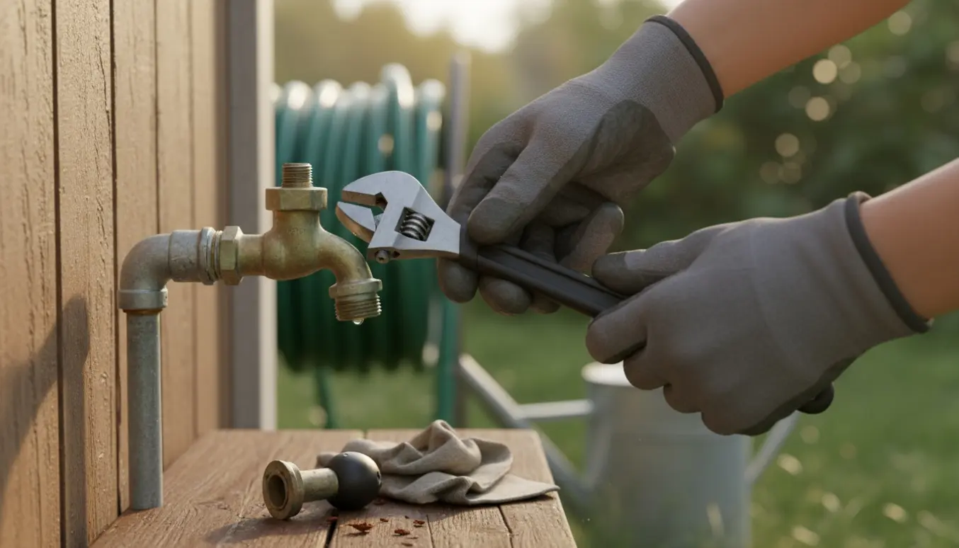 Nærbillede af hænder, der monterer et nyt ergonomisk greb på en udendørs vandhane i haven.