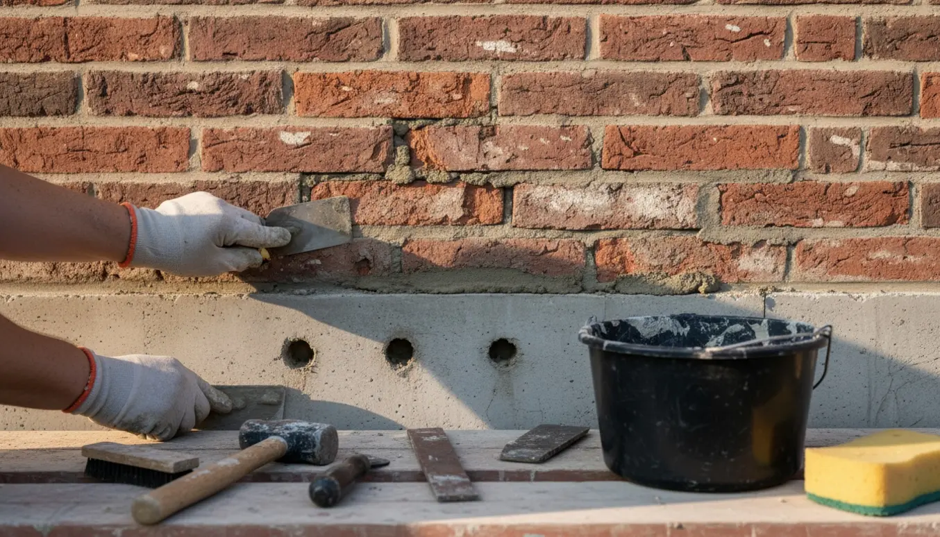 Nærbillede af murerarbejde med hands-on reparation af murværk og sokkel og murerredskaber i forgrunden.