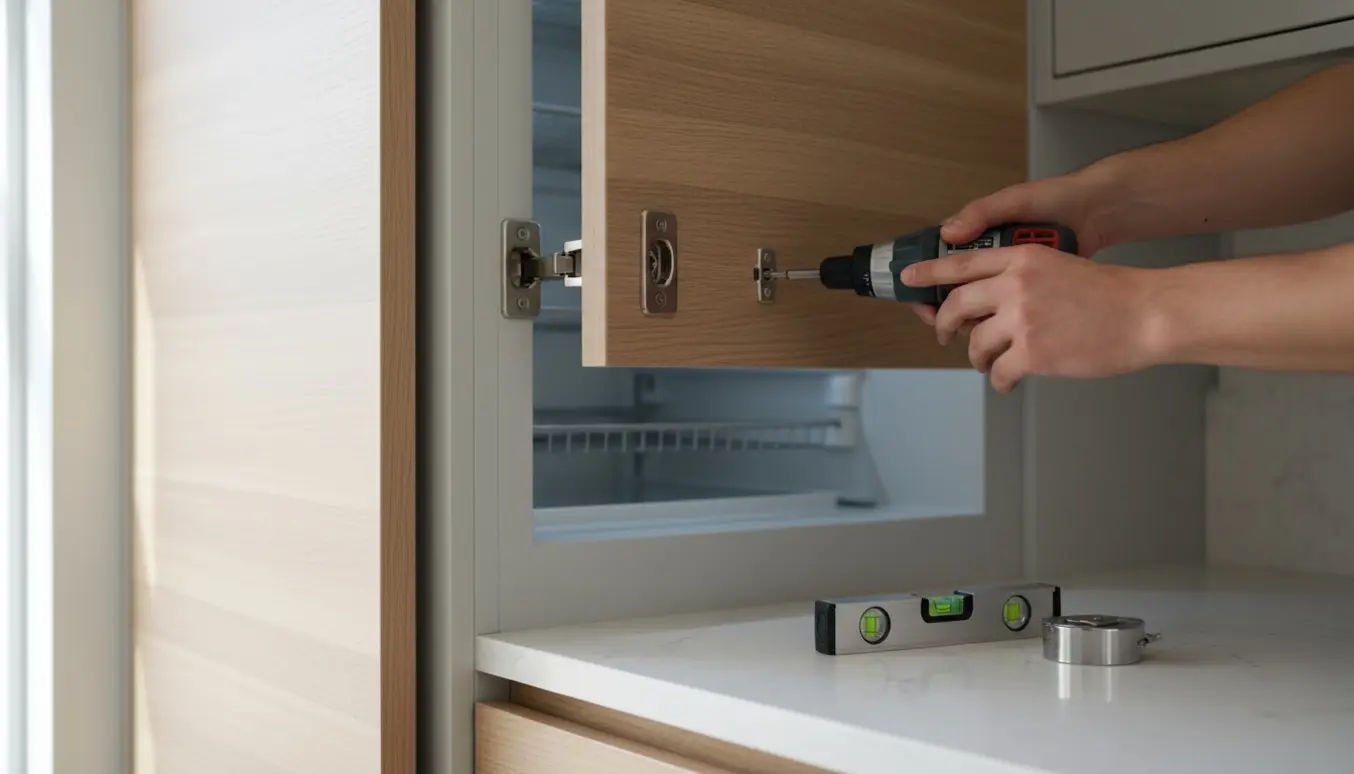 Hænder monterer køkkenskabsdøre på en integreret køl og frys i et lyst, moderne køkken.