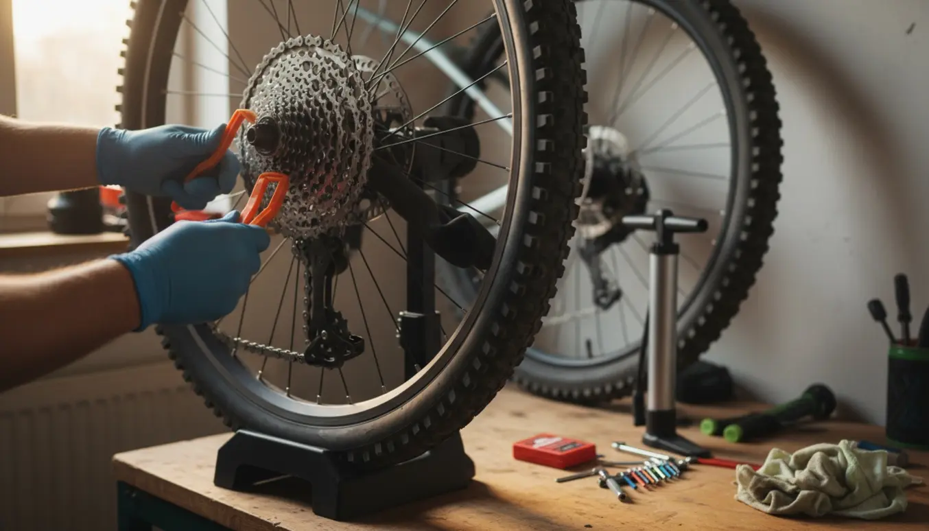 Nærbillede af hænder, der skifter dæk og slange på en mountainbike med synlig bagtandhjul i et lyst værksted.