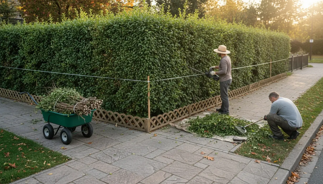Nyklippet hæk på en hjørnegrund med snor som højdeguide, person set bagfra, rive og trillebør med afklip.