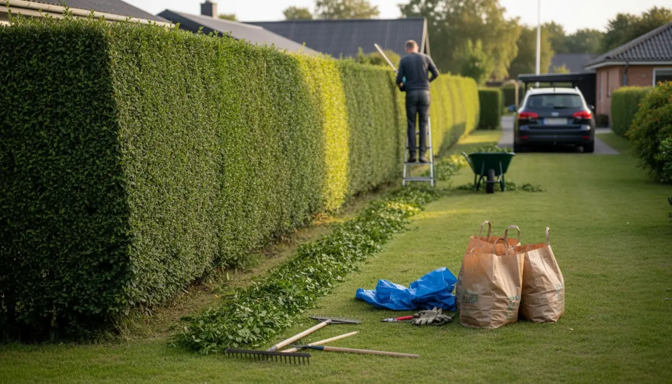 Person trimmer en ca. 2,5 m høj hæk i en villahave i Albertslund, med afklip samlet i en trillebør.