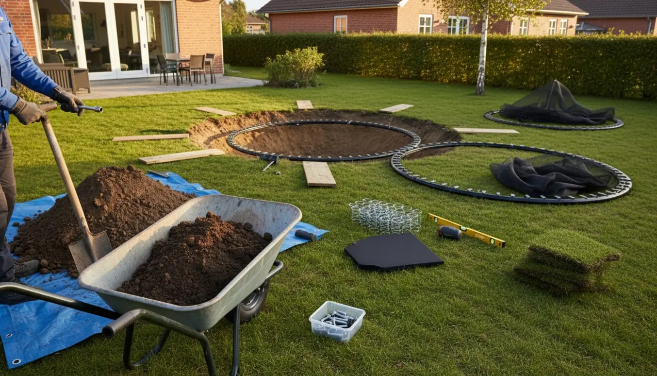 Nedgravning og montering af trampolin i baghaven med trillebør, skovl og delvist samlet ramme.