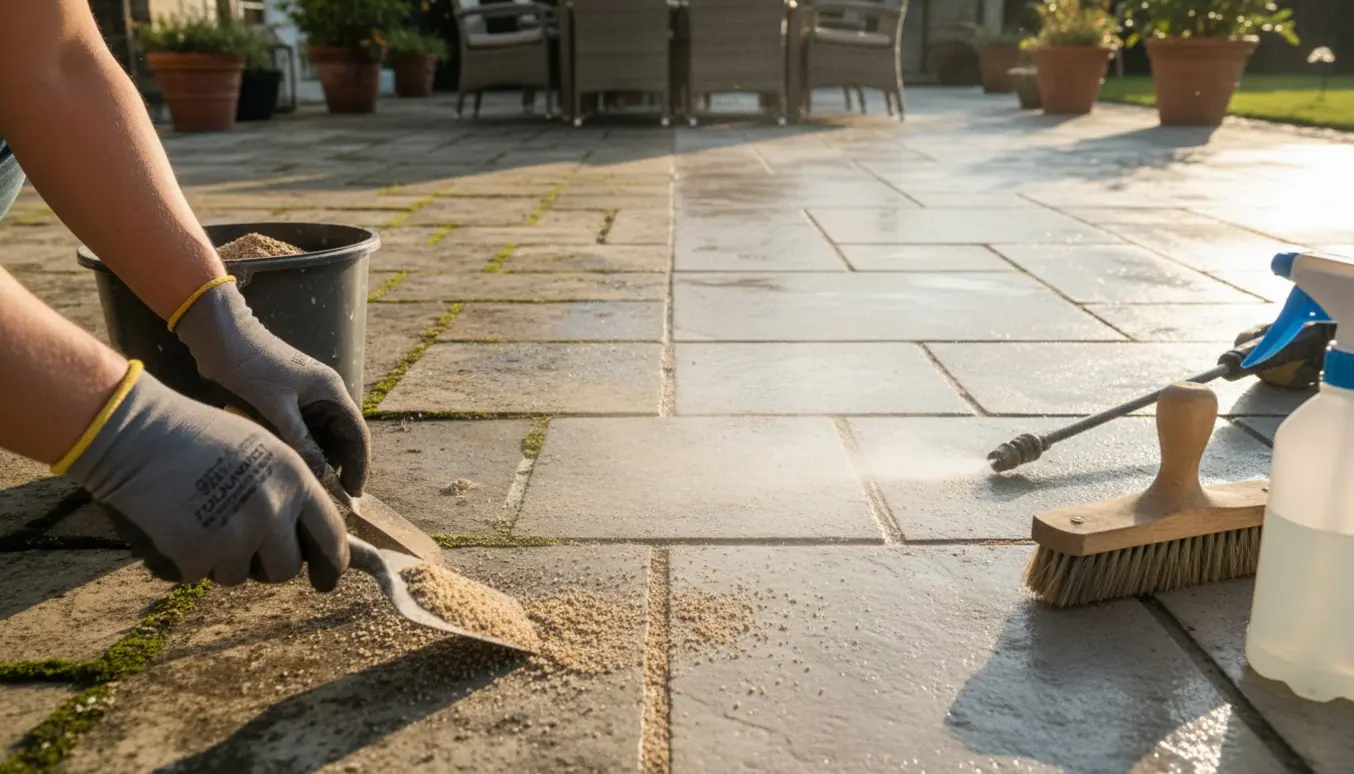 Stor flisebelagt terrasse under rengøring med sand i fugerne og imprægnering.