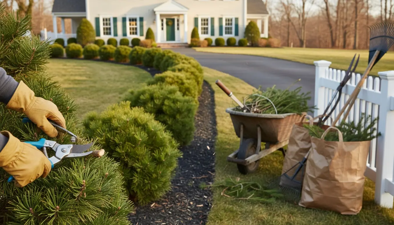 Hænder beskærer dværgfyr-buske langs en indkørsel med opsamlet grønt affald og haveredskaber i baggrunden.