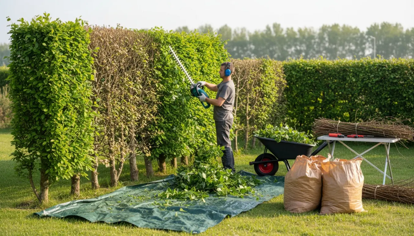 To små bøgehække ved siden af hinanden bliver klippet, og afklip samles i trillebør og haveposer.