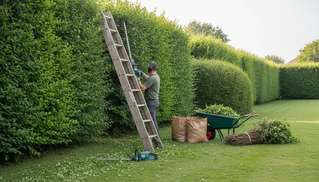 Havearbejder set bagfra trimmer bøgehæk med trillebør og haveaffaldssække klar til bortskaffelse.